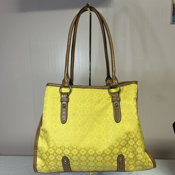 Handbags - Yellow and Brown Structured Tote with Textured Pattern